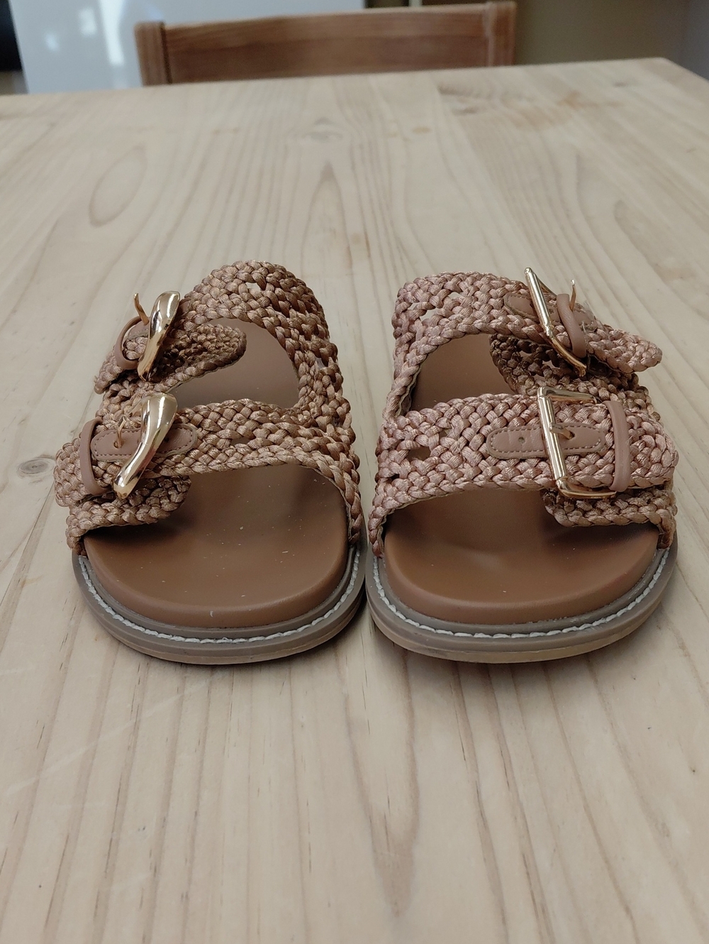 JOIE Womens' 10M Braided Slide Sandals in Light Brown with Gold Buckles